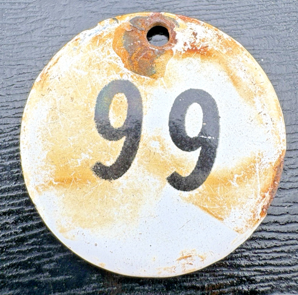 Vintage White with Round Metal Tag Black Number 99 1.25" for keys luggage craft